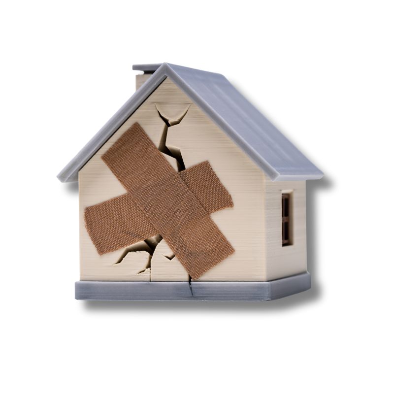 Mały model domu z widocznymi pęknięciami elewacji, zaklejony dużym plastrem w kształcie X